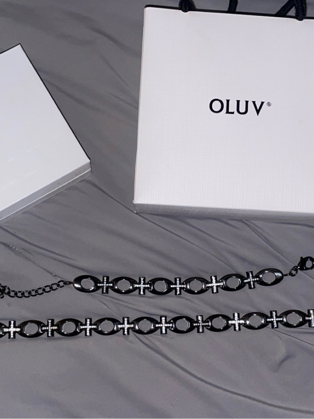 OLUV Black Crystal Cross Link Necklace and bracelet Set